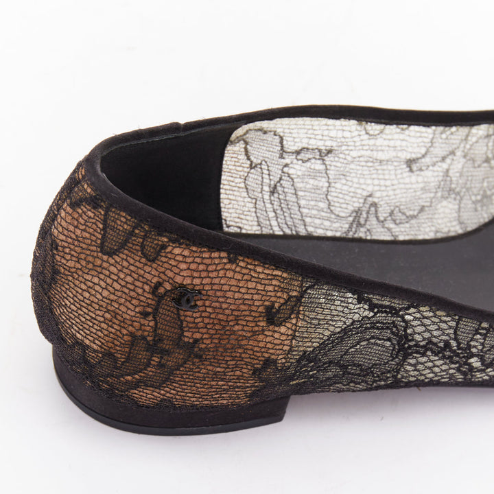 CHANEL black CC logo floral lace satin toe cap nude underlay ballet flats EU37