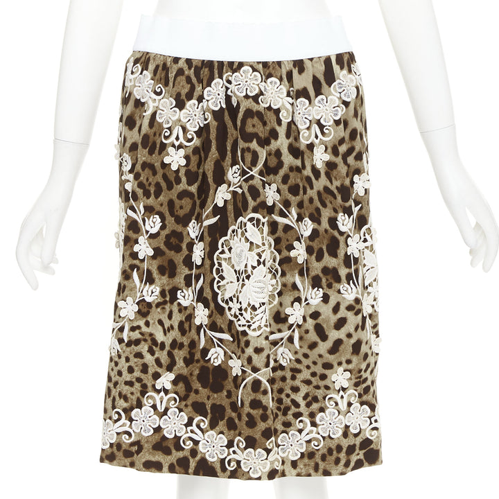 DOLCE GABBANA brown silk leopard print cream anglais embroidery skirt IT40 S