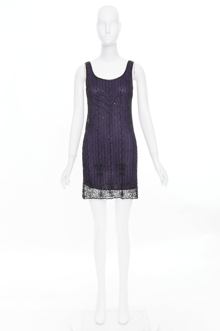 LAUNDRY BY SHELLI SEGAL Vintage purple embroidered beaded shell dress P