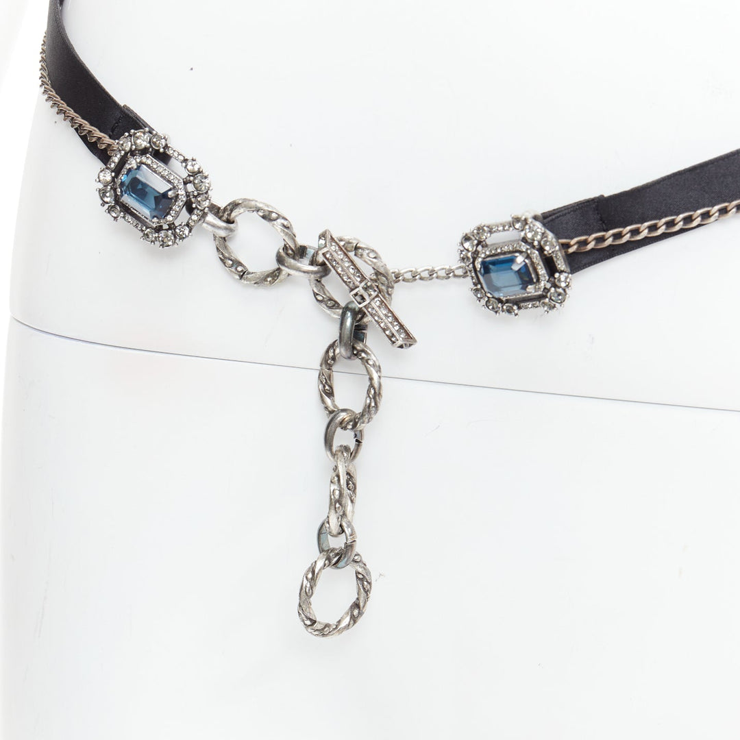 LANVIN Textile blue rhinestone jewel silver chain black fabric belt