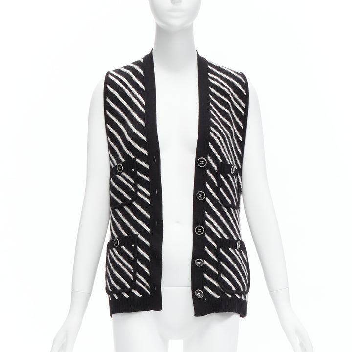 CHANEL 100% cashmere black white graphic stripes 4 pocket vest jacket FR34 XS