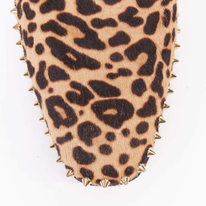 CHRISTIAN LOUBOUTIN brown leopard print ponyhair gold spike stud loafers EU43