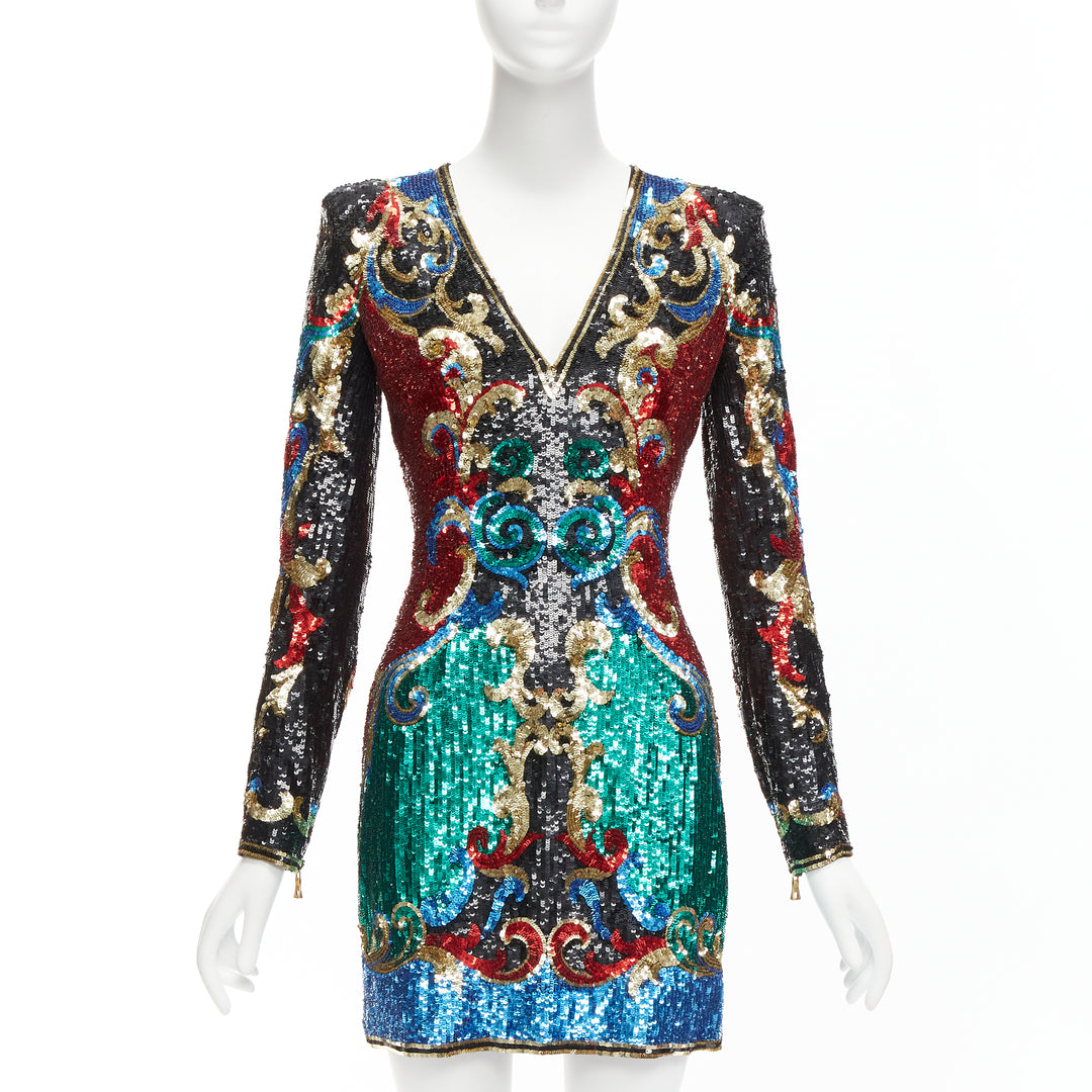 BALMAIN 2016 Runway 1970's baroque sequins V neck mini dress FR36 S Paris Hilton