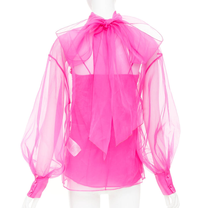 VALENTINO 2022 Runway Pink PP high neck sheer silk organza blouse shirt IT36 XXS