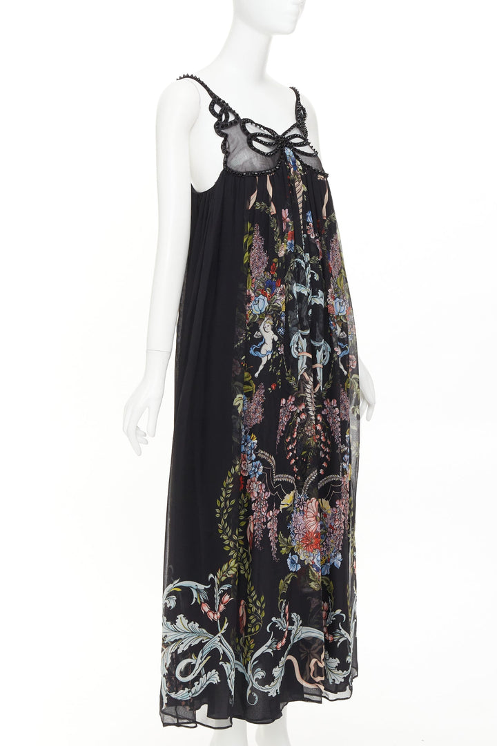 rare FENDI 2017 Riwau Blazon Cherub Gauze black silk empire gown dress FR38 M
