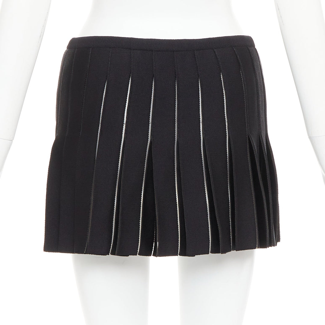 BALMAIN black gold lion buttons diamond grid knit pleated mini skirt FR34 XS