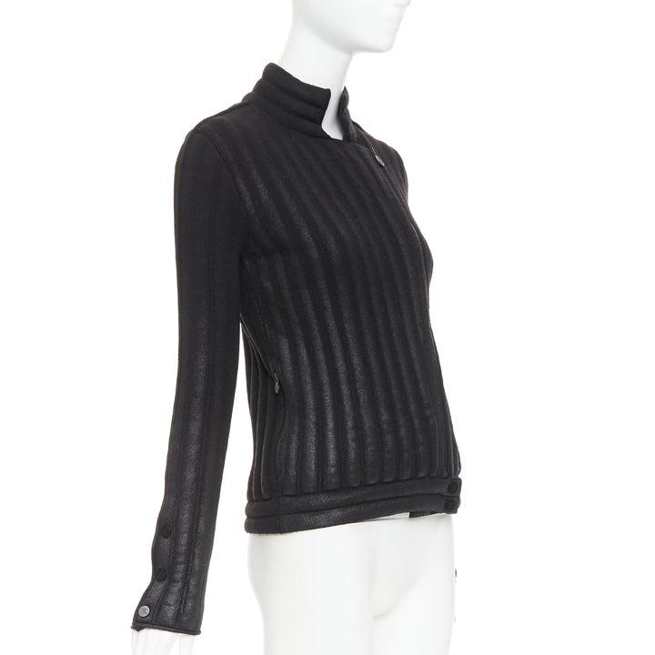 CHANEL 100% wool black metallic coated CC logo tubular pad biker jacket FR34 XS