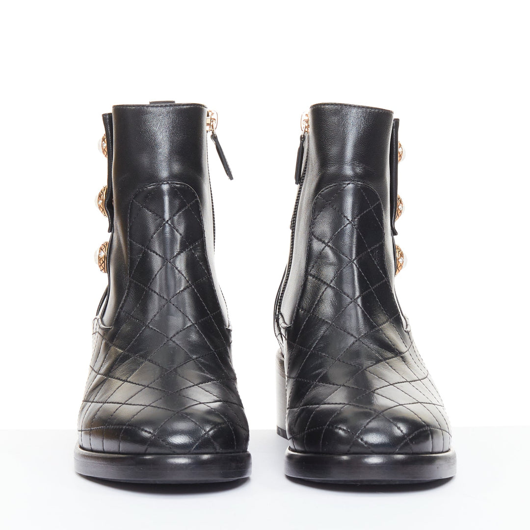 CHANEL 17A Paris Cosmopolite black lamb quilted pearl button ankle boots EU39.5