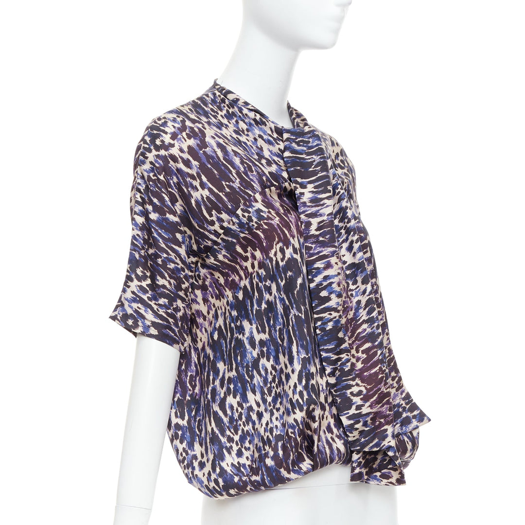 DRIES VAN NOTEN purple 100% silk leopard print tie front blouse FR36 S