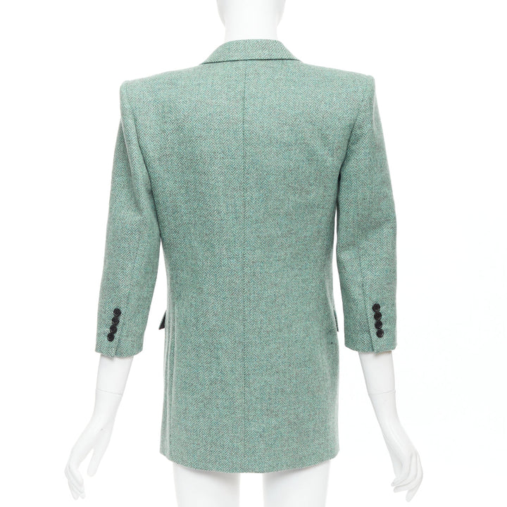 SAINT LAURENT 2022 Runway green tweed shoulder power blazer minidress FR34 XS