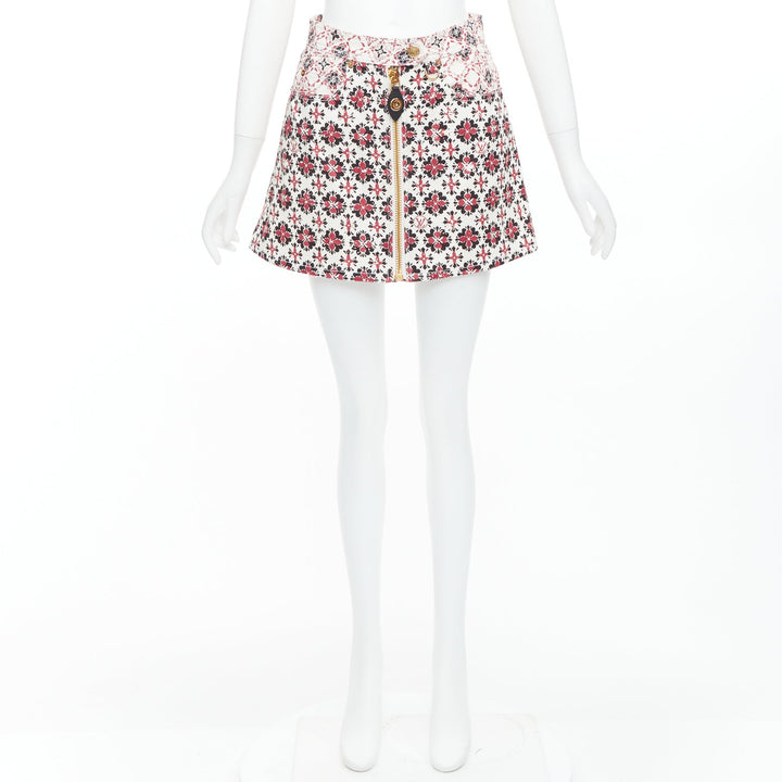LOUIS VUITTON 2023 Vintage Monogram red cream floral denim zip skirt FR34 XS