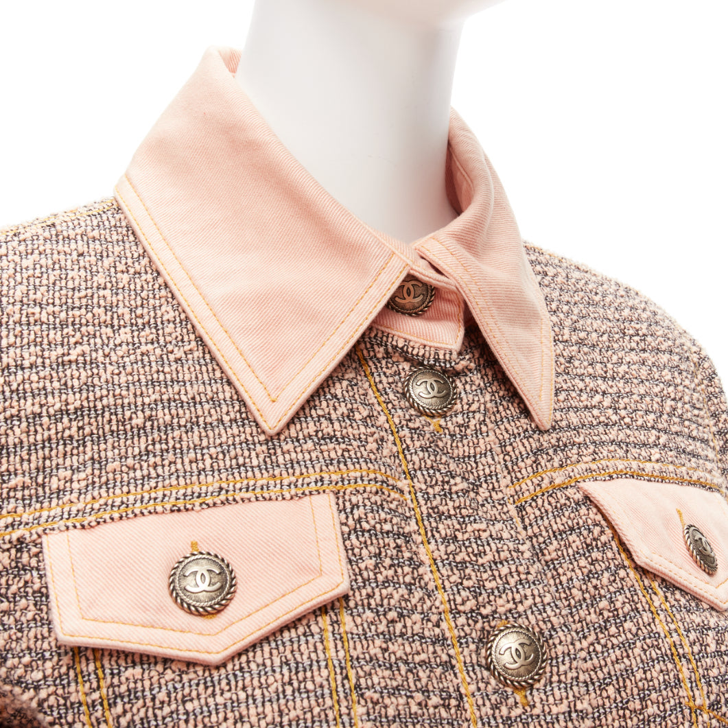 rare CHANEL 2018 Runway pink denim trim tweed CC button cropped jacket FR36 S