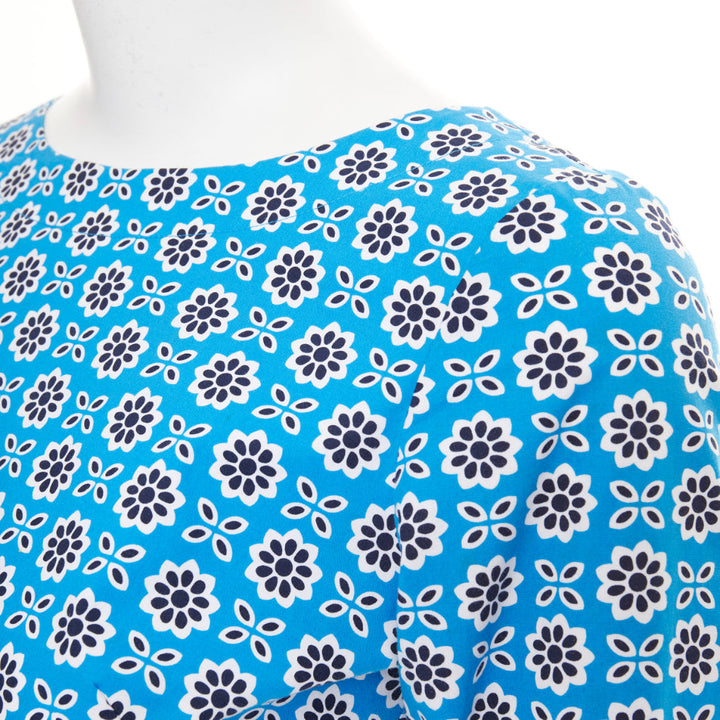 OSCAR DE LA RENTA S16 blue geometric floral print cotton A-line dress US0 XS