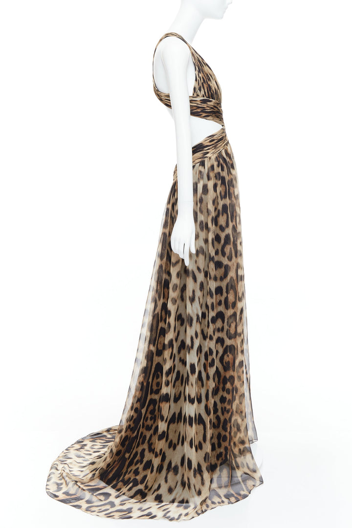 ROBERTO CAVALLI 2014 Runway brown leopard 100% silk cut out gown IT40 S