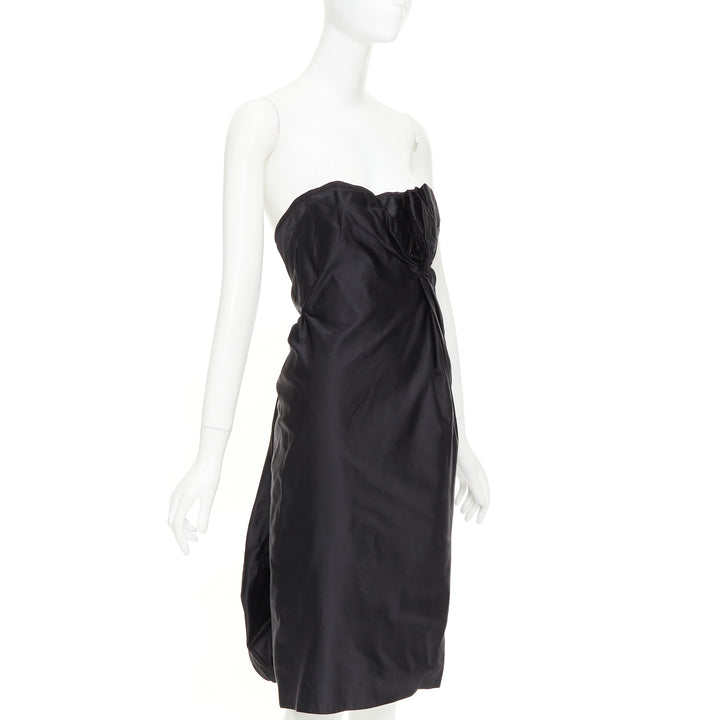 PRADA black silk asymmetric gathered drape corset lined strapless dress IT38 XS