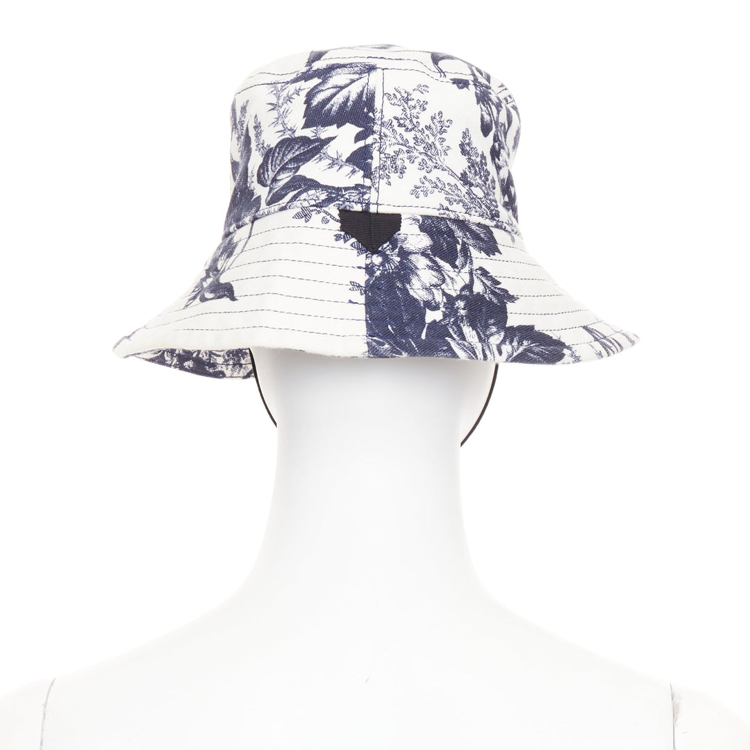ERDEM Pembridge navy off white cotton floral print chinoiserie bucket hat XS/S