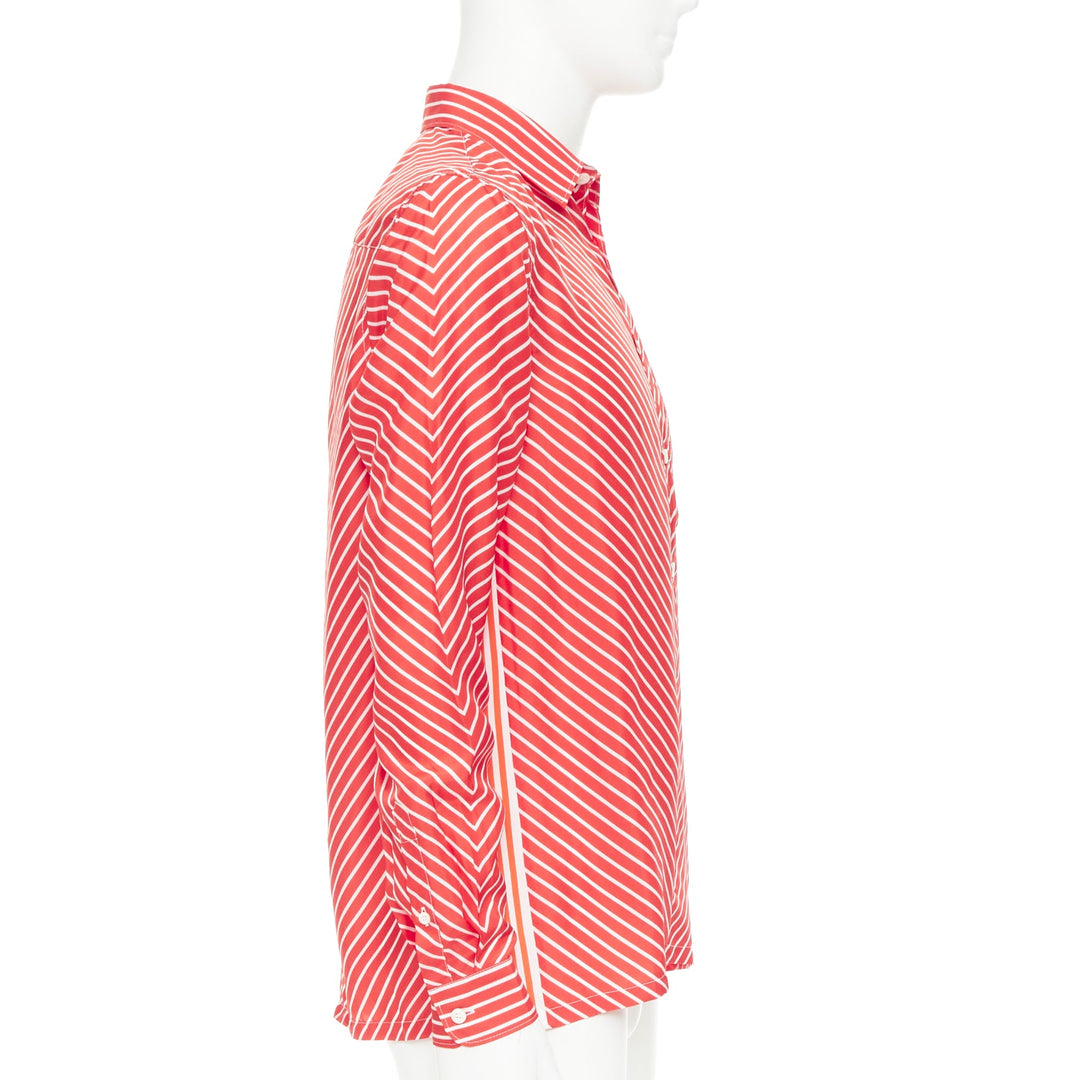 PRADA 2022  100% silk red white diagonal stripe logo back dress shirt EU39 M