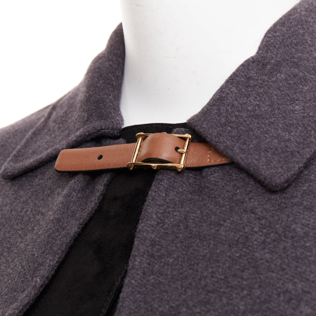 VALENTINO dark grey wool angora brown leather cape sleeve layered coat IT38 XS