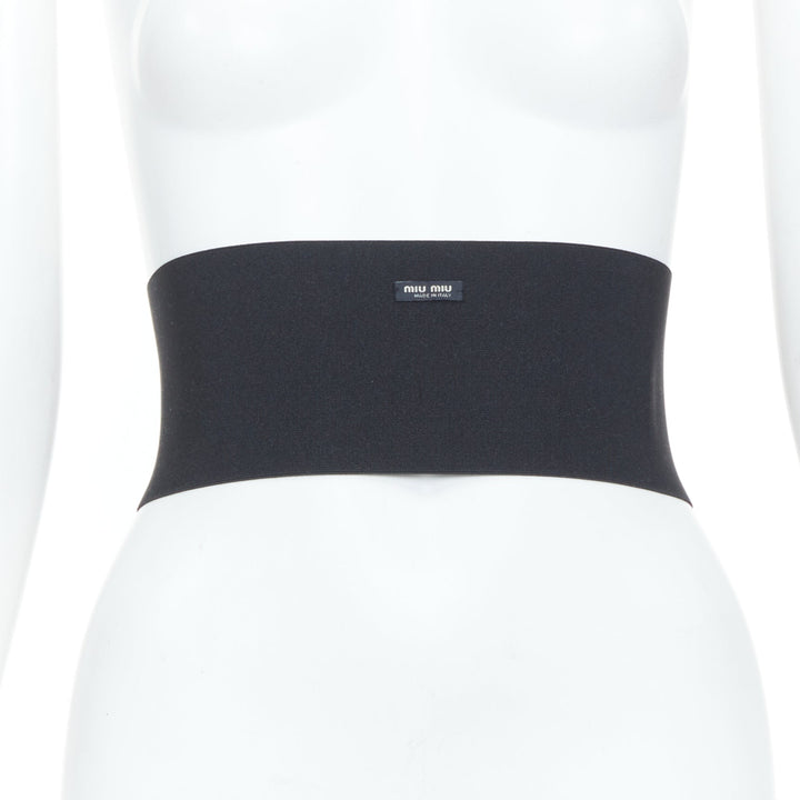 MIU MIU logo patch hook and eye corset wide elastic black cincher waist belt