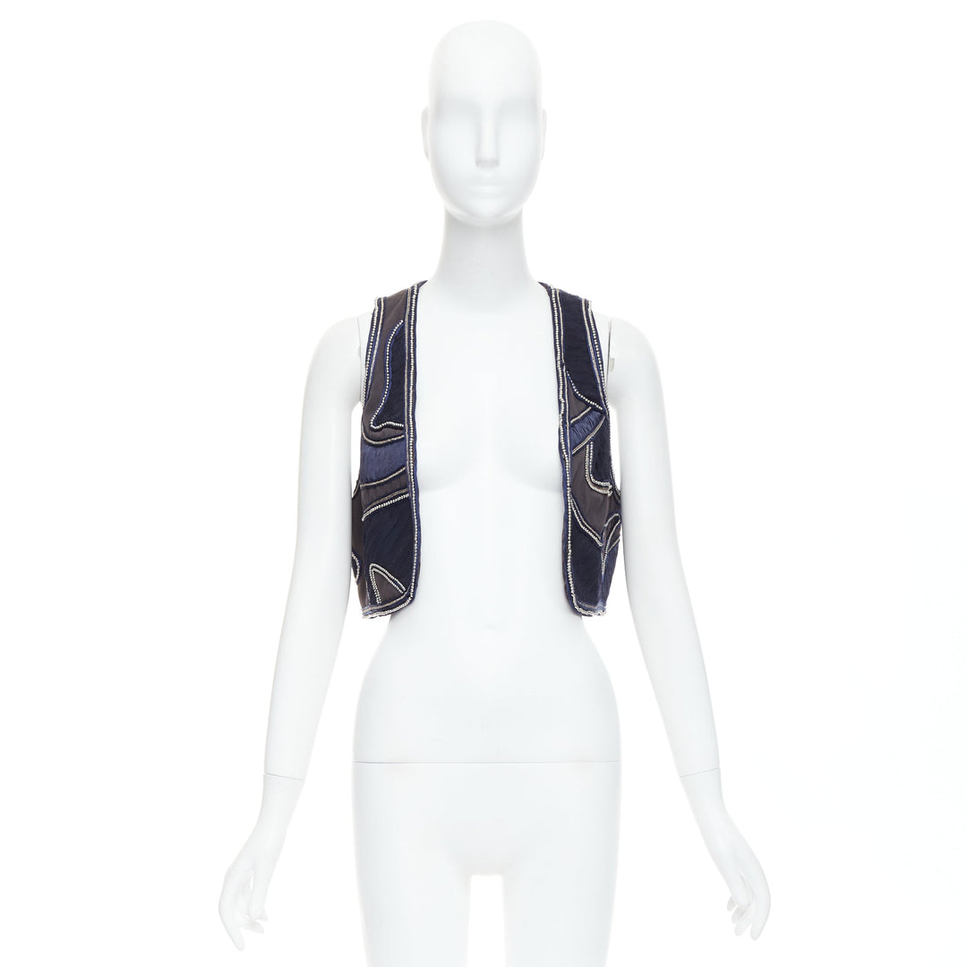 3.1 PHILLIP LIM blue silver dome studded silk lined patchwork vest US4 S