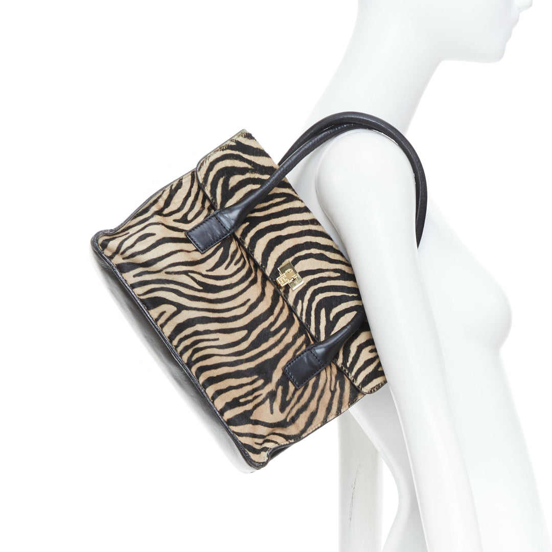 LAMBERTSON TRUEX 2004 zebra print calf hair black leather flap top handle bag
