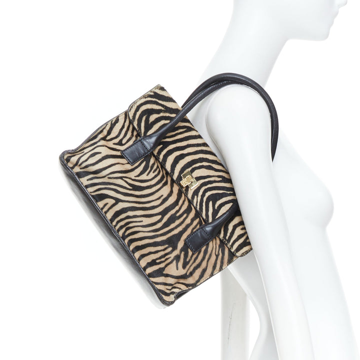 LAMBERTSON TRUEX 2004 zebra print calf hair black leather flap top handle bag