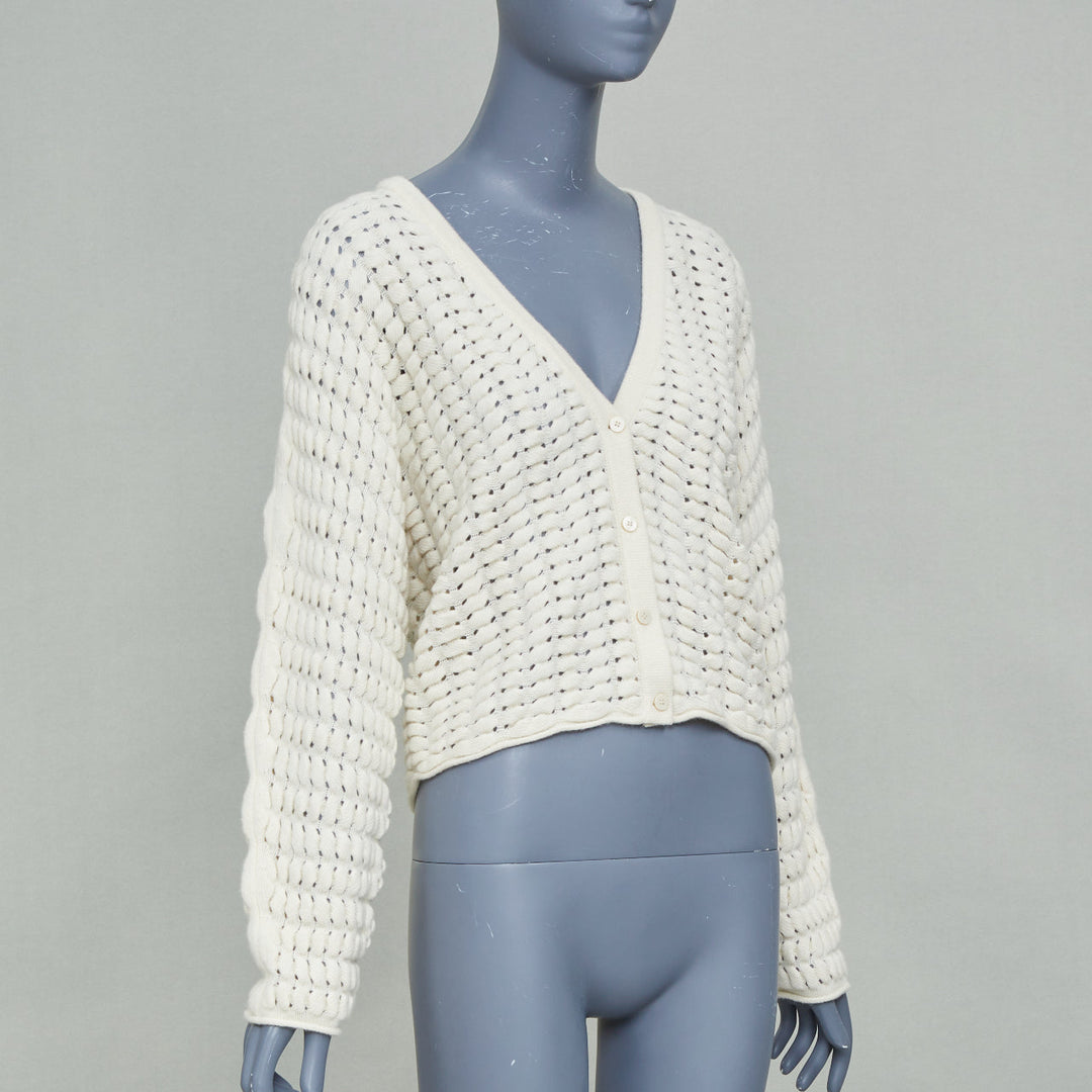THEORY cream white wool cashmere open knit cable cropped knit cardigan S