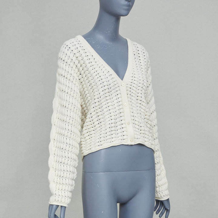 THEORY cream white wool cashmere open knit cable cropped knit cardigan S