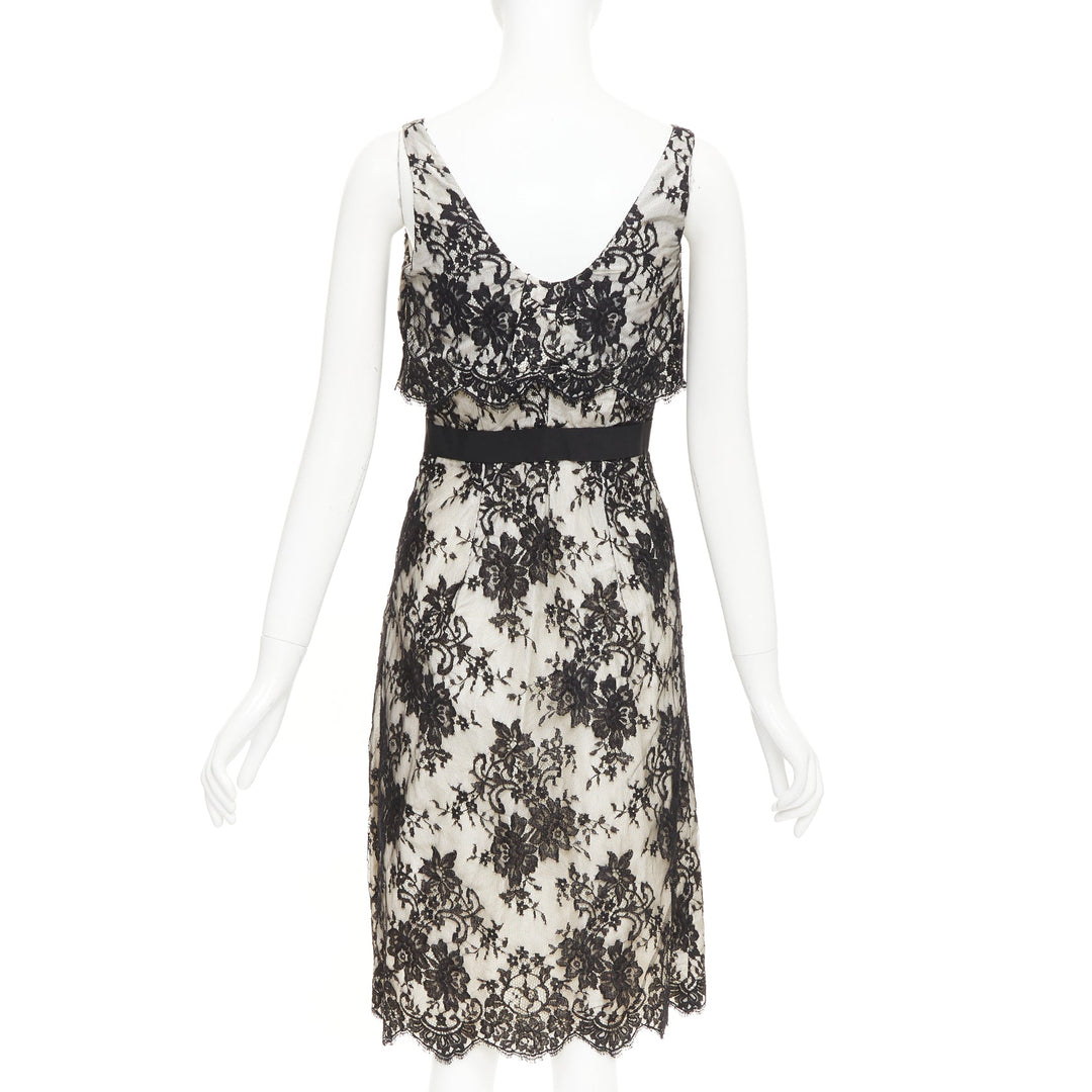 CHRISTIAN DIOR Vintage black floral lace pearl silk grosgrain bow dress FR36 S