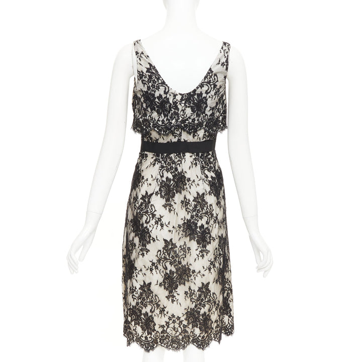 CHRISTIAN DIOR Vintage black floral lace pearl silk grosgrain bow dress FR36 S