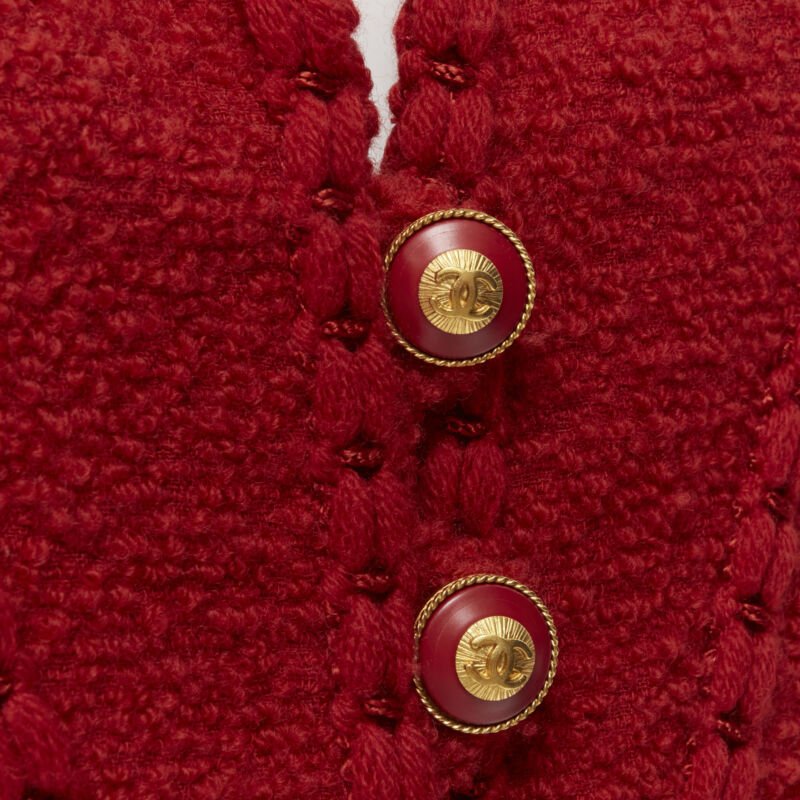 Runway CHANEL Vintage 93A red boucle tweed boned corset  jacket FR44