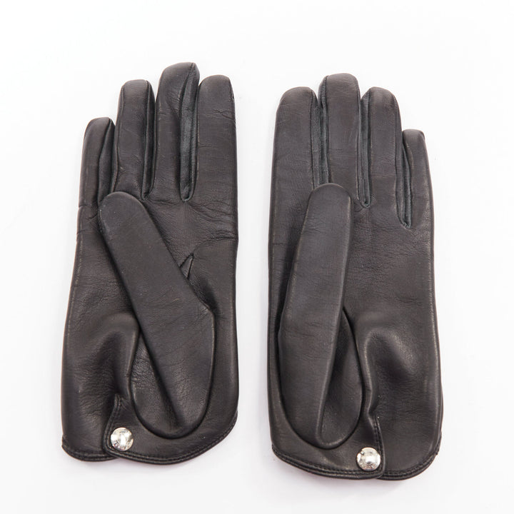 CAUSSE GANTIER black lambskin silk silver star embellished short gloves Sz7