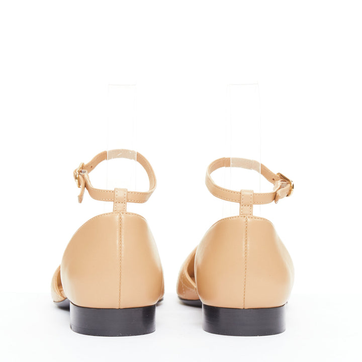 CHANEL nude lambskin stitching grosgrain CC toe cap ankle strap flats EU38.5