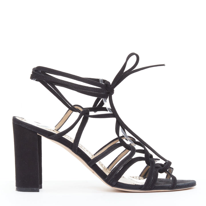 MANOLO BLAHNIK black suede leather lace up strappy block heels EU39