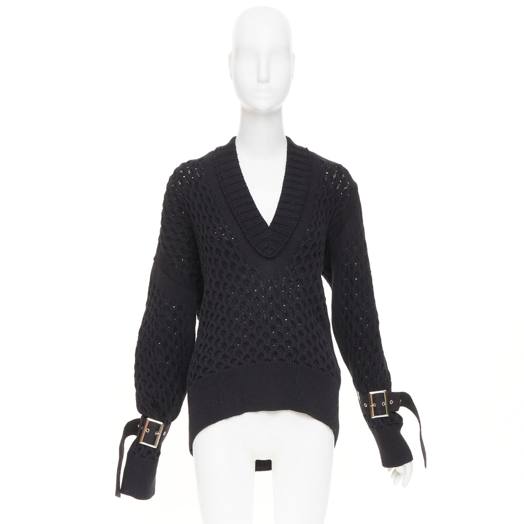 SACAI 2018 black open waffle knit buckle sleeve cotton blend sweater JP1 S