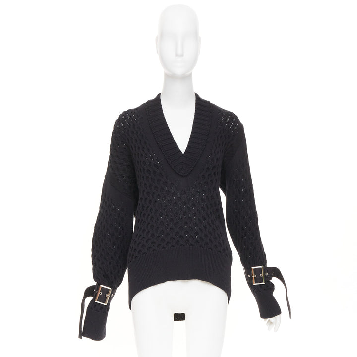 SACAI 2018 black open waffle knit buckle sleeve cotton blend sweater JP1 S