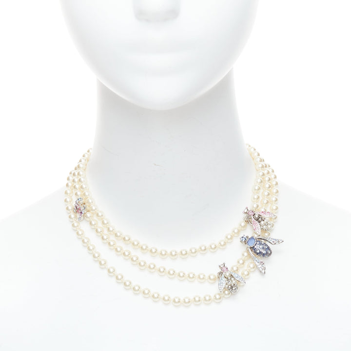 rare CHANEL 16B blue pink insect crystal charms trio pearl princess necklace