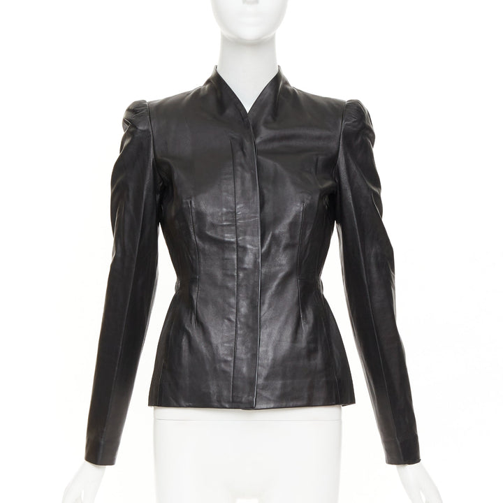GUCCI Tom Ford Vintage black lambskin leather ruched shoulders jacket IT40 S