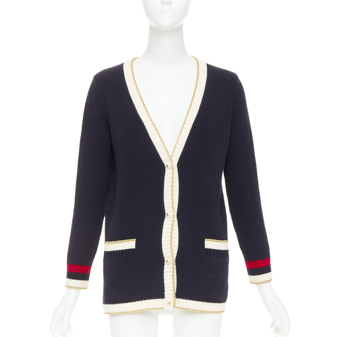 GUCCI Alessandro Michele navy cotton blend web pearl button cardigan XS