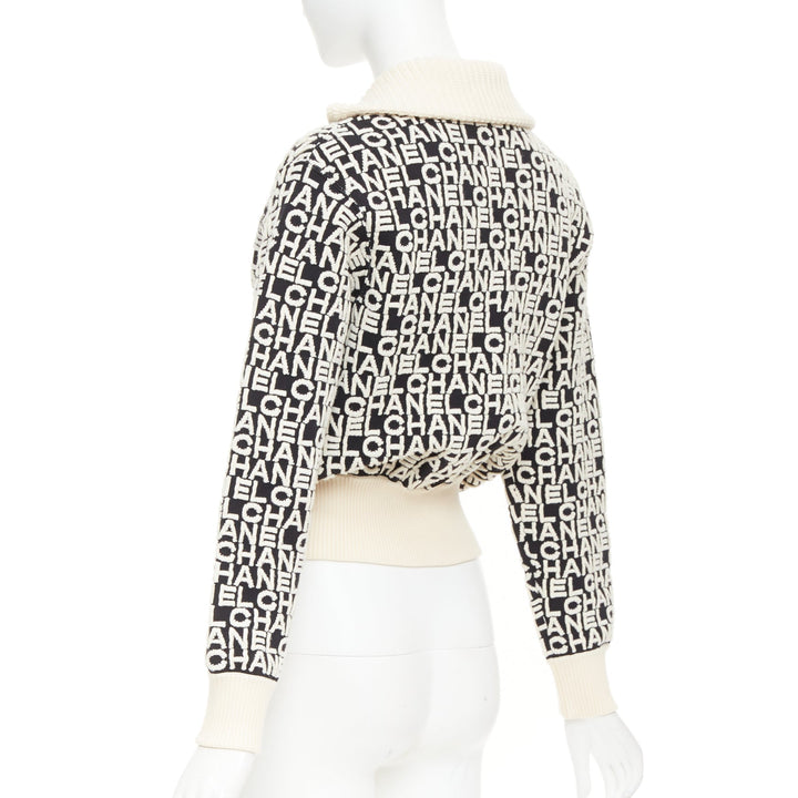 CHANEL 19A Coco Neige embossed monogram jacquard cropped bomber jacket FR34 XS