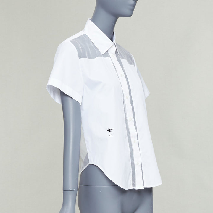 CHRISTIAN DIOR 100% silk white cotton trim sheer panel logo shirt FR34 XS