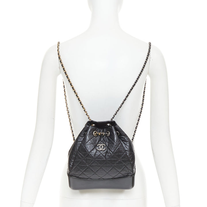 CHANEL 2017 Gabrielle Small black quilted aged calfskin CC chain backpack bag