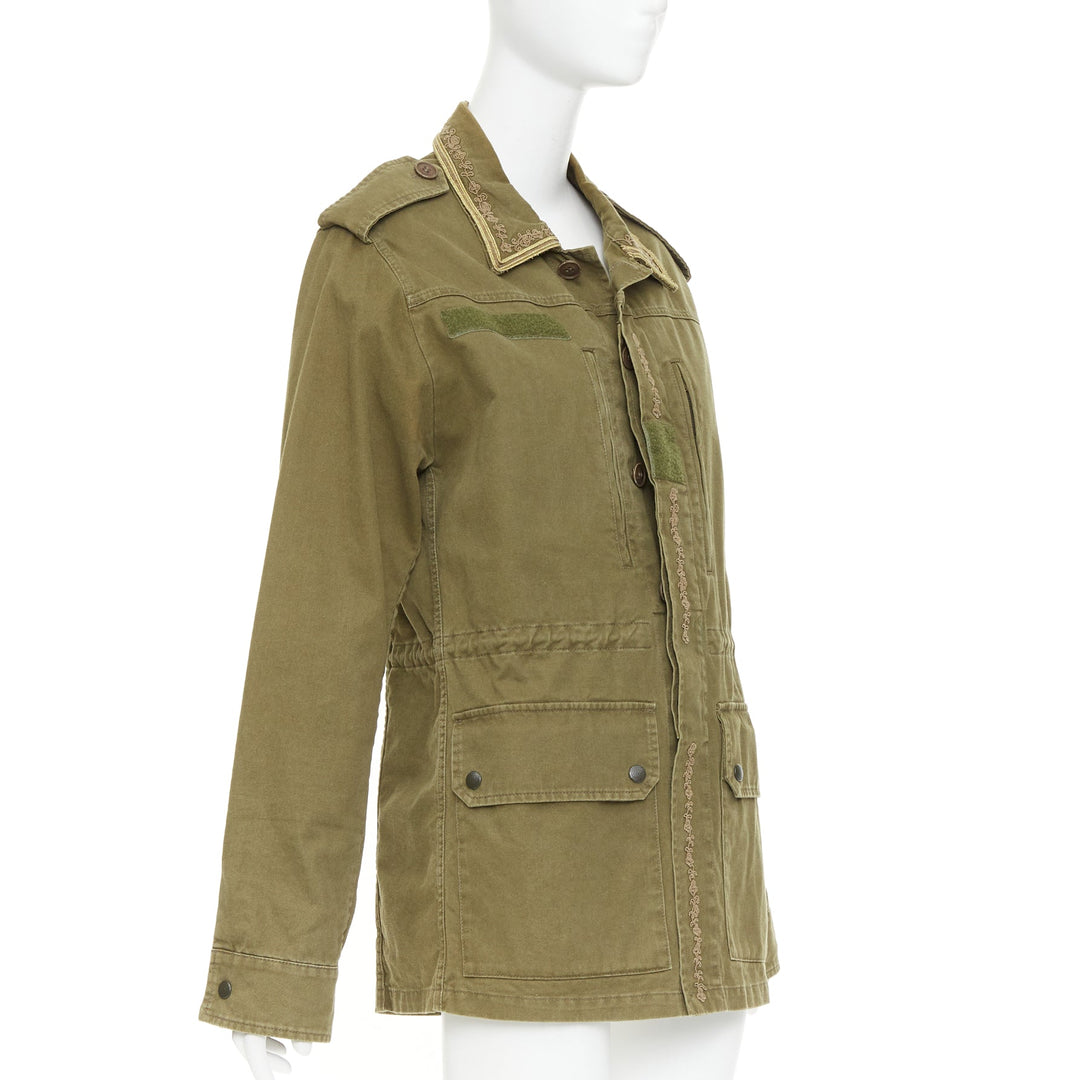 SAINT LAURENT 2018 Saharienne green gold embroidered trim military jacket FR44 L