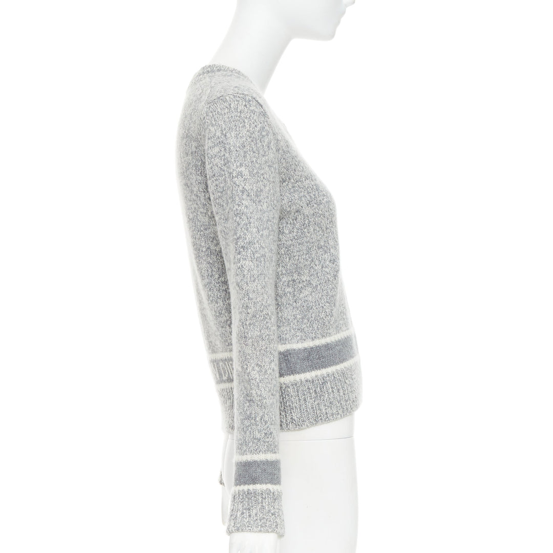 CHRISTIAN DIOR 100% cashmere light grey wool striped logo sweater FR34 XS