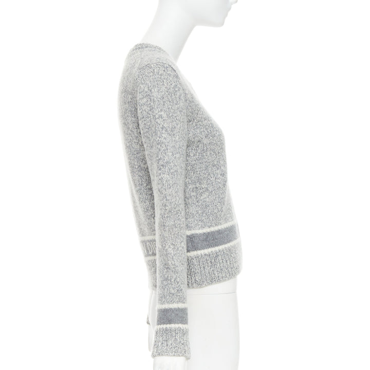 CHRISTIAN DIOR 100% cashmere light grey wool striped logo sweater FR34 XS