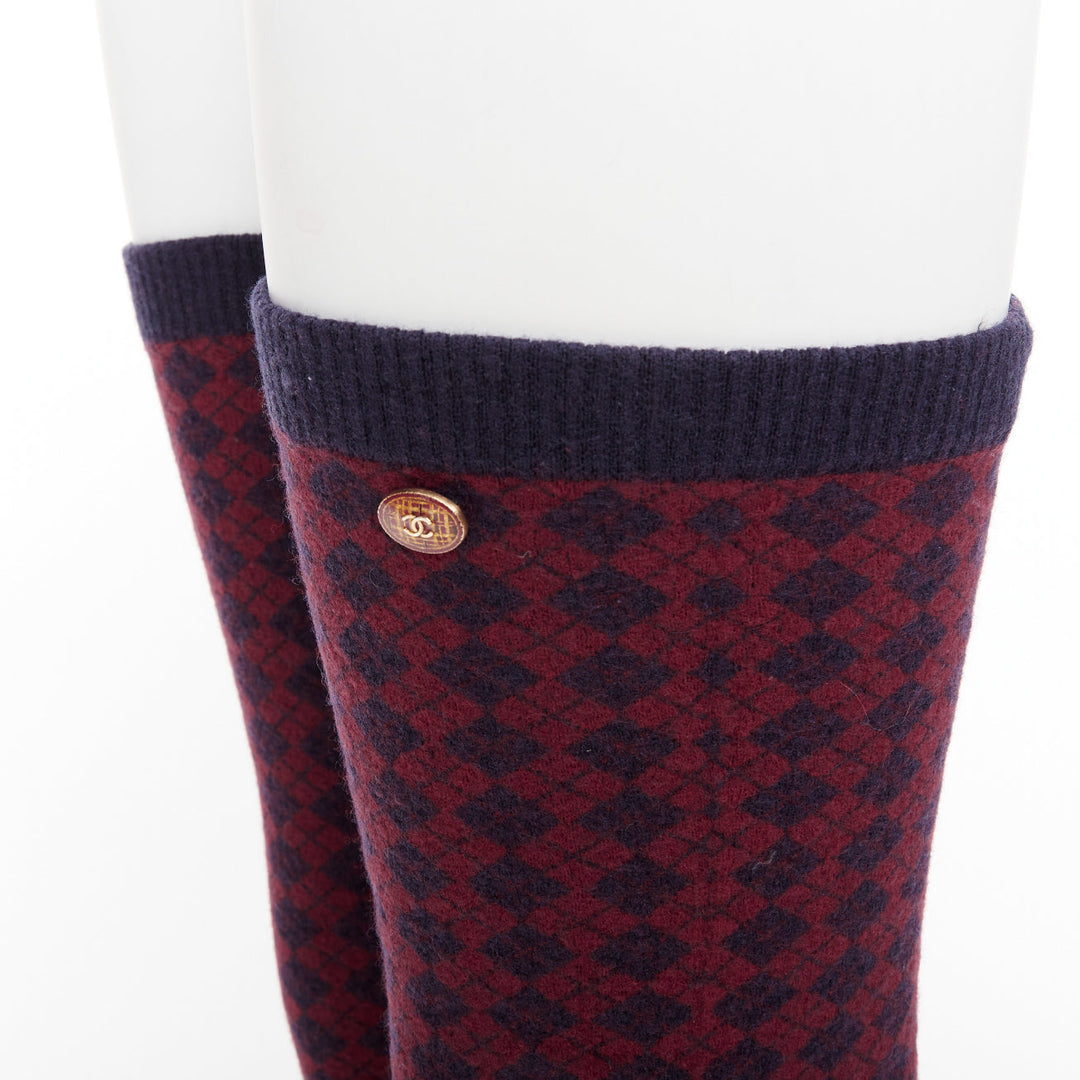 CHANEL red navy wool CC logo button checked wool thigh high socks M