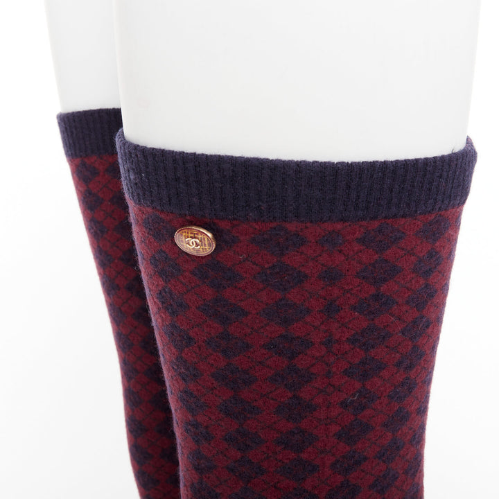 CHANEL red navy wool CC logo button checked wool thigh high socks M