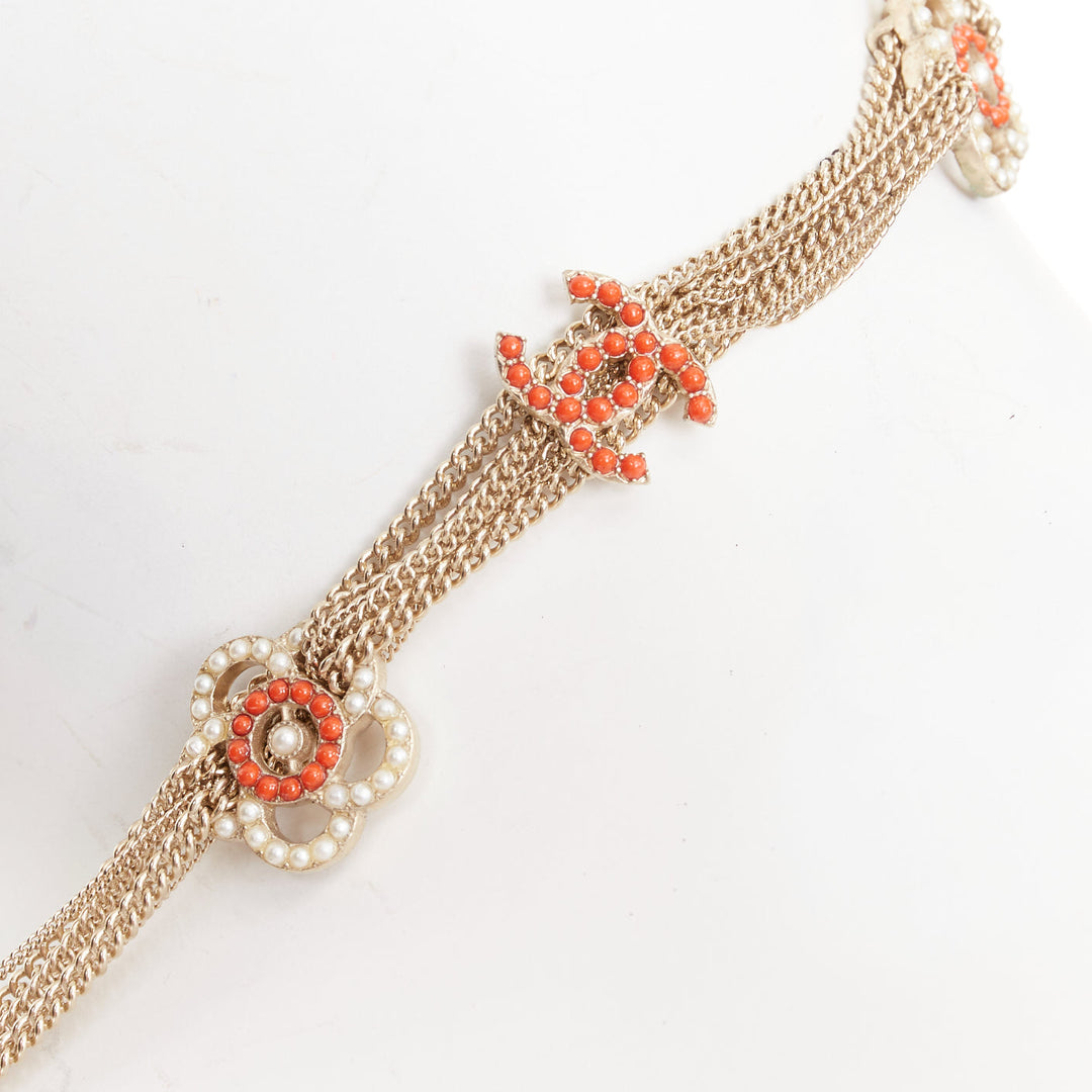 CHANEL A16P gold tone Camellia floral pearl fringe CC station sautoir necklac