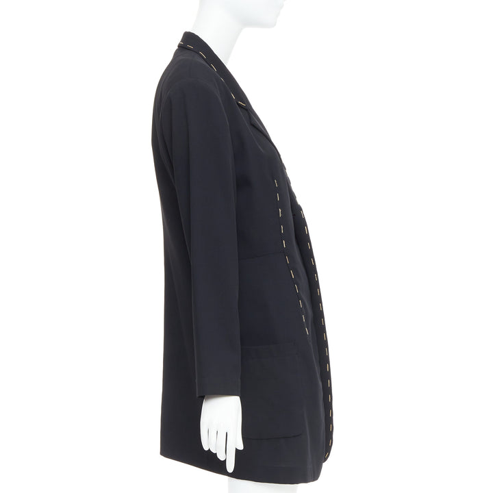 YOHJI YAMAMOTO black wool blend handstitched detail long blazer coat S