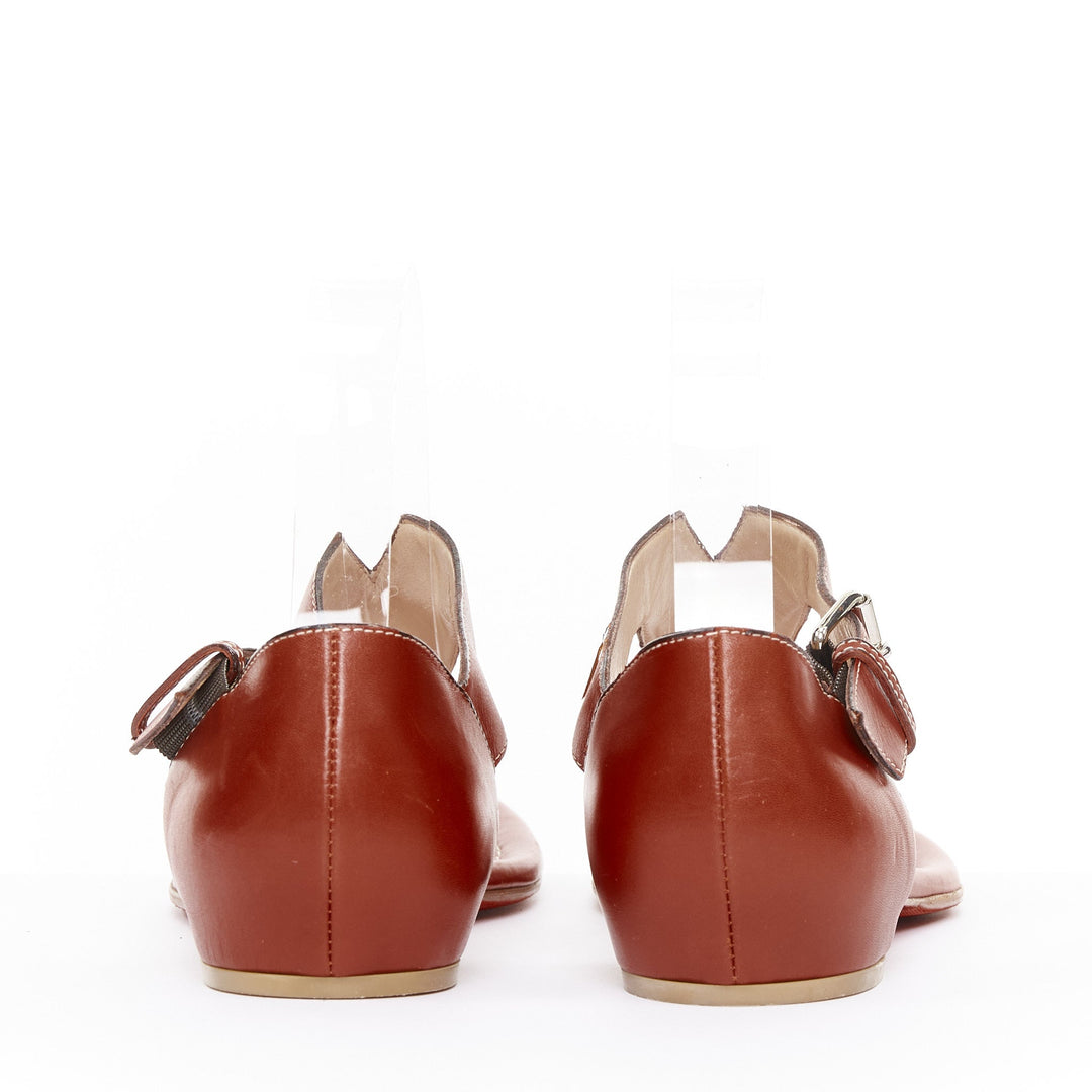 CHRISTIAN LOUBOUTIN brown leather tstrap silver buckles thong sandals EU37